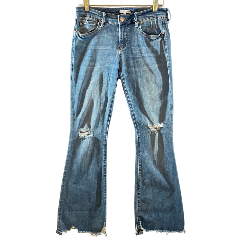 682 | Dear John Rosie Distressed Raw Hem Flare Stretch Jeans Blue Womens 28